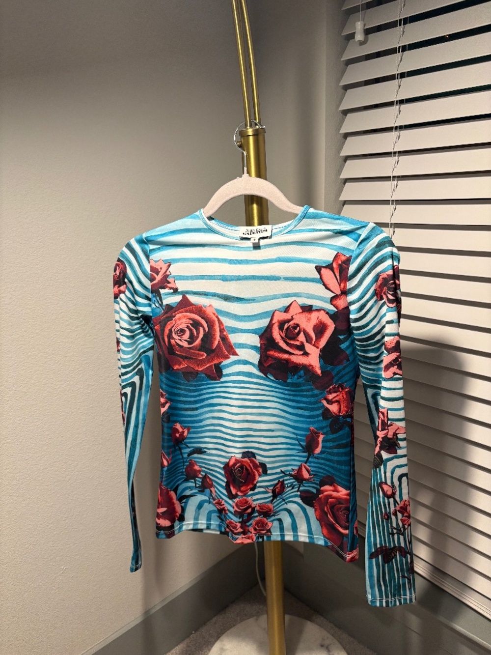 Jean Paul Gaultier Long Sleeve Rose Print Striped Top - Turquoise & Red